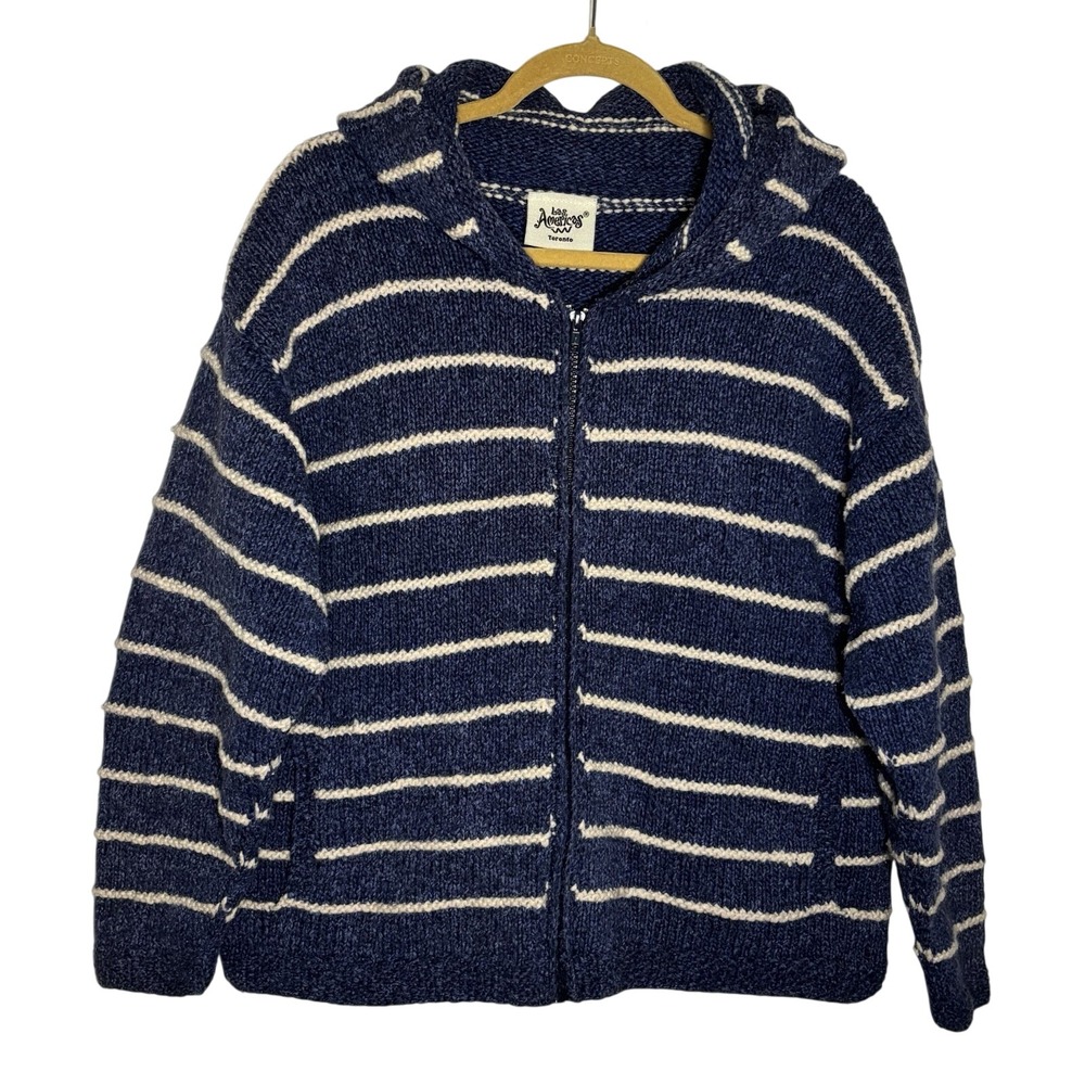 Las Americas Stripe Hoodie Zip Cardigan Womens Knit Blue Boho Oversized Wool